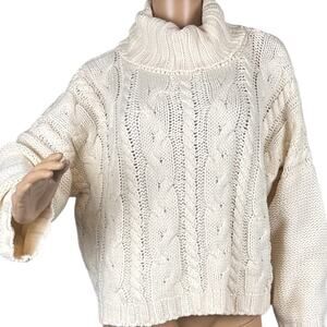 Love Tree Women's Cropped Cowl Neck Cable Knit Sweater Oversized Fit Cream L